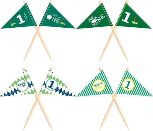 Golf Themed Toothpick Flags, 80 PCS Hole In One 1st Birthday Golf Cocktail Picks Mini Stick Cupcake Toppers Flags for Baby 1st Birthday Party Food Bar Decorations