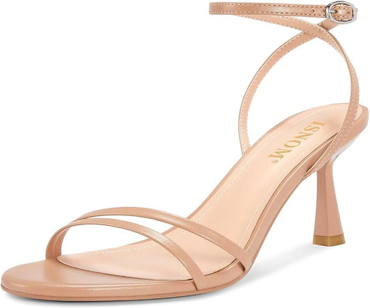 ISNOM Womens Sandals Round Toe Low Heels Strappy Ankle Strap Kitten Heel by ISNOM