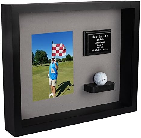 Hole in One Shadowbox and Golf Ball Display Case | Personalized Engraved Plate | Holds Golf Ball and Scorecard or Photo |4 Color Finishes | Wall Mounted (Vertical, Black/Gray)