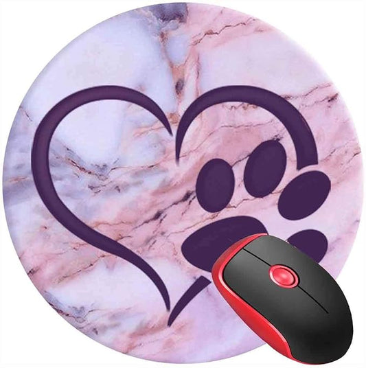 Mouse Pad Purple Dog Cat Paw Heart Pink, Round Mousepad, Non-Slip Rubber Base by SUFPMP