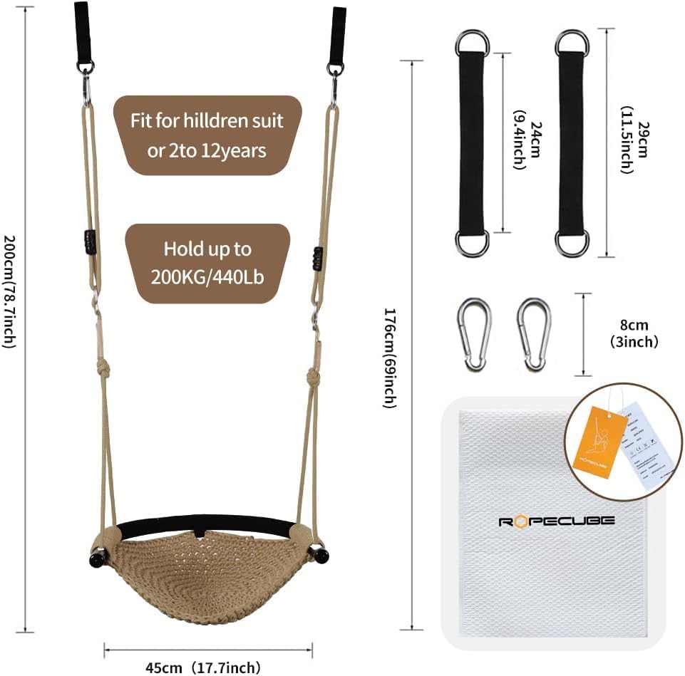 Hand-Knitting Toddler Swing, Swing Seat for Kids with Adjustable Ropes, Little tikes Swings Set, for Outdoor Indoor, Playground, Backyard (Brown-2 Pack)