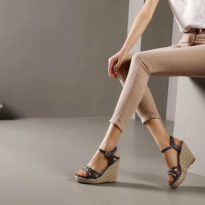 VOKLIN Women's Casual Espadrilles Wedge Sandals Open Toe Ankle Strap Metallic - Image 6