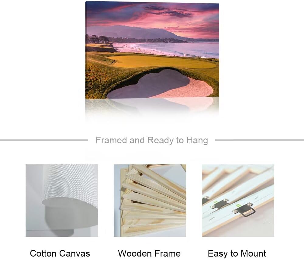 HJY Art Pebble Beach Golf Course Wall Art USA California Golf Course Wall Decor Sunset Landscape Painting Poster for Home Decor Living Room Bedroom Office Club Gym Framed Artwork (12 x 16 inch)