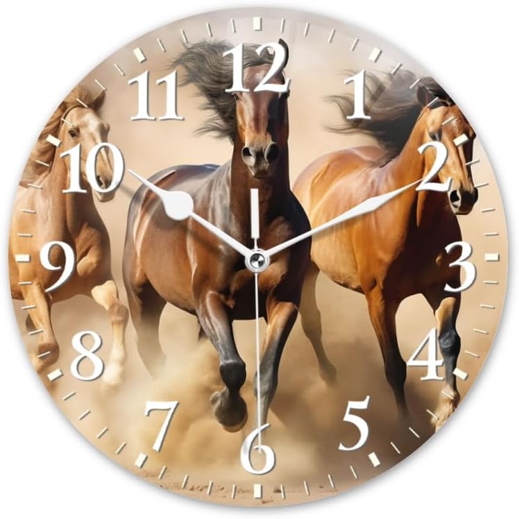 Horses Wall Clock Non-Ticking Silent Clocks Battery Operated Analog Decor Clock for Home-Horses Running Through The Desert Dust Flying(12inch)