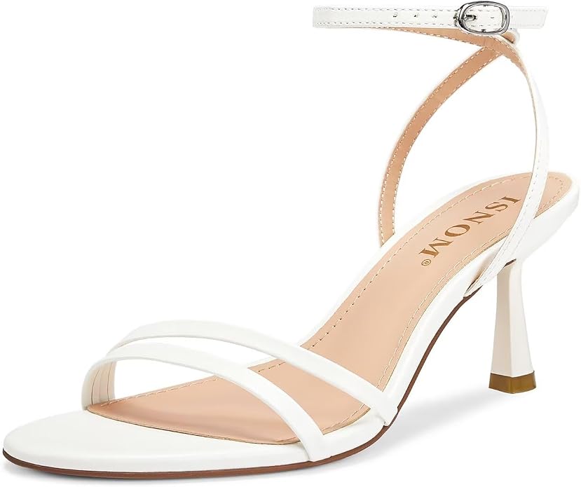 ISNOM Womens Sandals Round Toe Low Heels Strappy Ankle Strap Kitten Heel by ISNOM