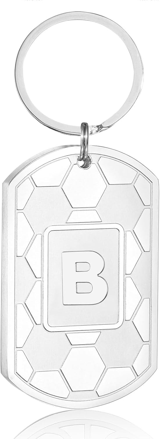 Initial Keychain Gifts for Men,Soccer Dog Tag Mens Keychains for Men Him Dad