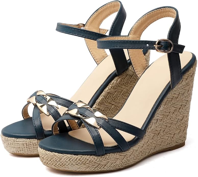 VOKLIN Women's Casual Espadrilles Wedge Sandals Open Toe Ankle Strap Metallic - Image 2