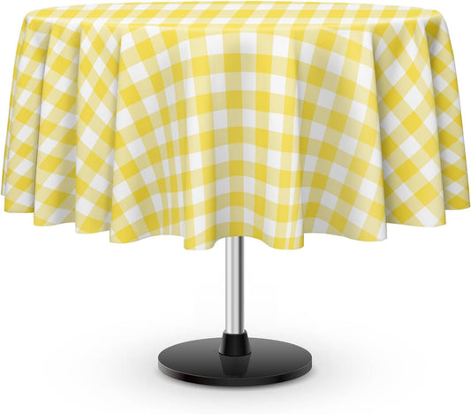 3 Pack Yellow and White Checkered Tablecloth, Round Yellow Gingham Plastic Table Cloths for Parties Disposable, 84x84 in Waterproof Camping Tablecloth for Birthday Party Baby Shower Picnic School