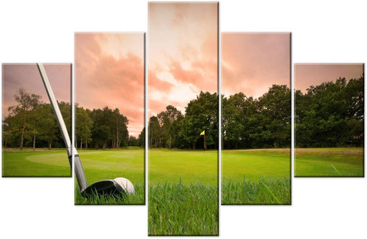 5 Pieces Canvas Wall Art Golf Course at Sunset Red Paintings for Living Room Green Lawn Pictures Modern Home Decor Rustic Artwork Gift Wooden Framed Ready to Hang Poster and Prints(60''W x 40''H)