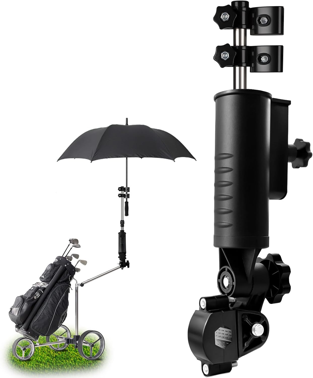 iLSKW Heavy Duty Golf Push Cart Umbrella Holder Upgraded Strong Windproof Design Aluminium Alloy Base with 180 Degrees Adjustment Stroller Umbrella Holder for Mobility Scooter, Wheelchair, Wagon Cart