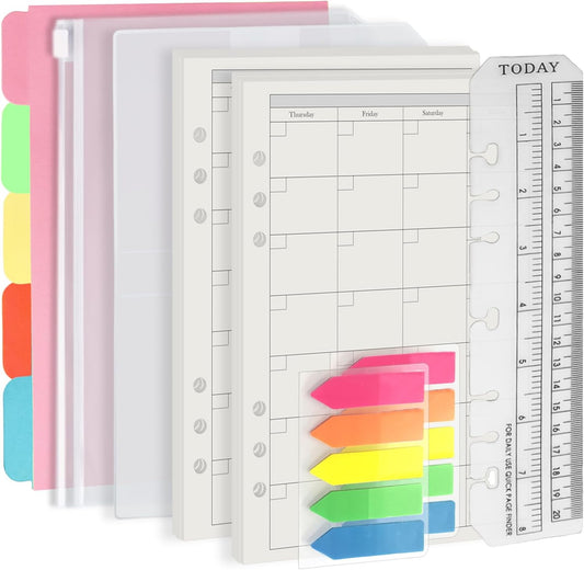 Harphia A5 6 Holes Binder Refill Value Set, 90sheets monthly plan loose leaf paper with stickers and dividers, planner insert with binder pockets for A5 binder 6 holes refillable notebook,005da5month