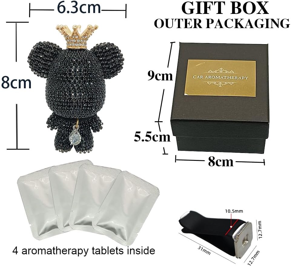 Handmade Bling Rhinestone Bear Car Air Freshener Cute Ornaments Car Vent Clips Accessories Perfume Clip Aromatherapy Diffuser Fragrance Cotton Pad Car Interior Decoratio Women Girl (Black)