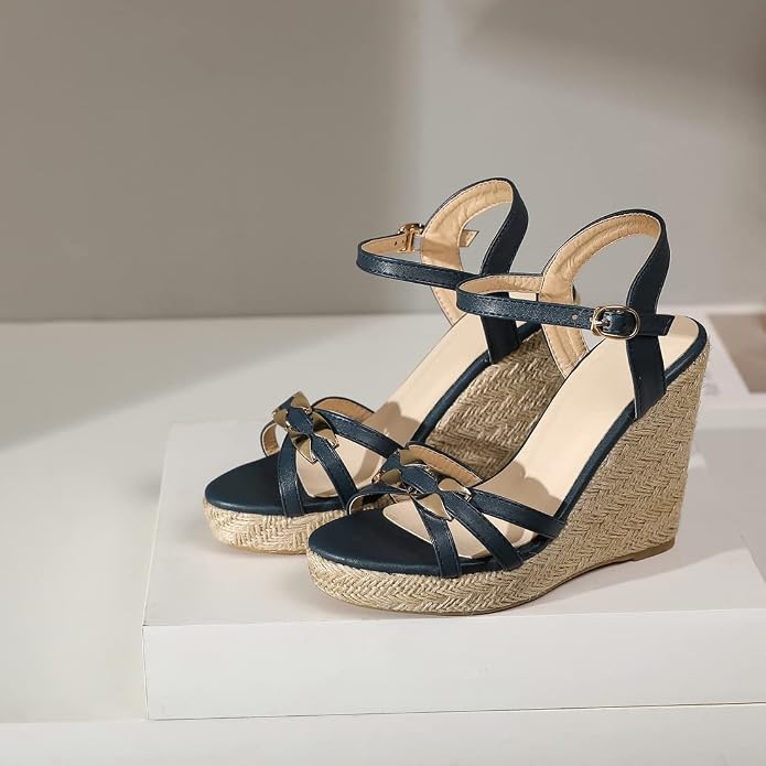 VOKLIN Women's Casual Espadrilles Wedge Sandals Open Toe Ankle Strap Metallic - Image 4