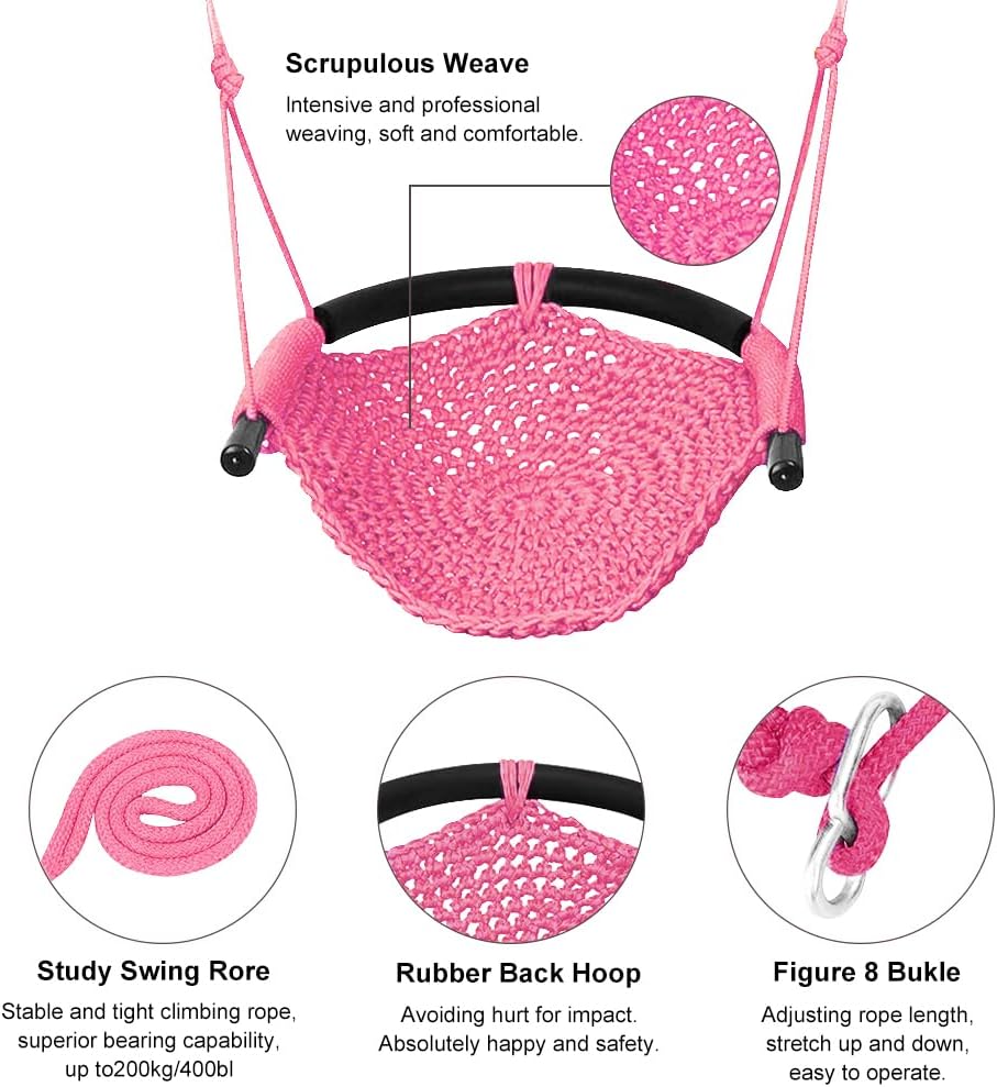 Hand-Knitting Toddler Swing, Swing Seat for Kids with Adjustable Ropes, Little tikes Swings Set, for Outdoor Indoor, Playground, Backyard (Pink)