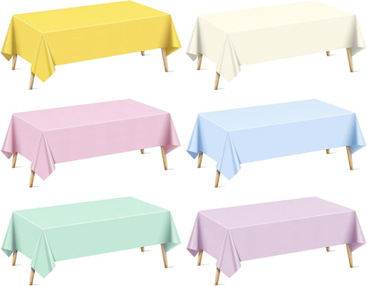 6 Pieces Pastel Series Rectangle Tablecloth, 54x72 Solid Color Waterproof & Spillproof Disposable Plastic Table Cover, Durable Party Tablecloth for Dining, Buffet, Picnic, Outdoor Events
