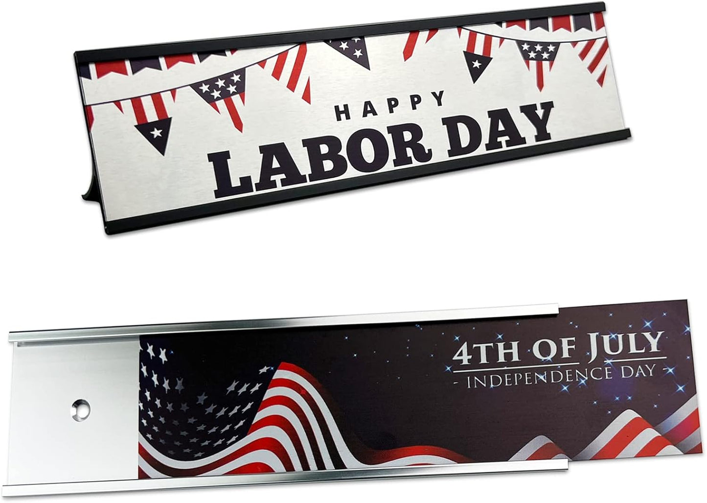 2" x 8" Personalized Aluminum Name Plates for Desk or Wall, Can Add Custom Logo Image, Two Name Plates Colors Silver, White, Holders are Optional (Custom Image)