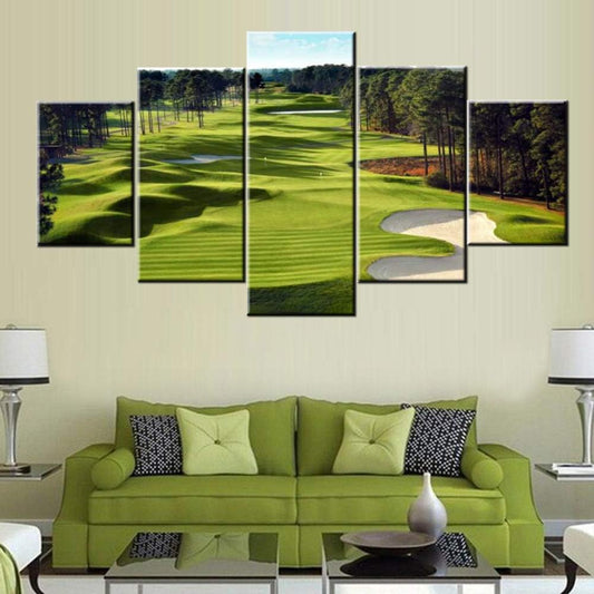 Green Golf Course Wall Art Golfing Sport Paintings for Living Room 5 Panels Prints on Canvas Bunker Pictures Landscape Artwork Gallery-Wrapped Home Modern Decor Framed Ready to Hang(60''W x 32''H)