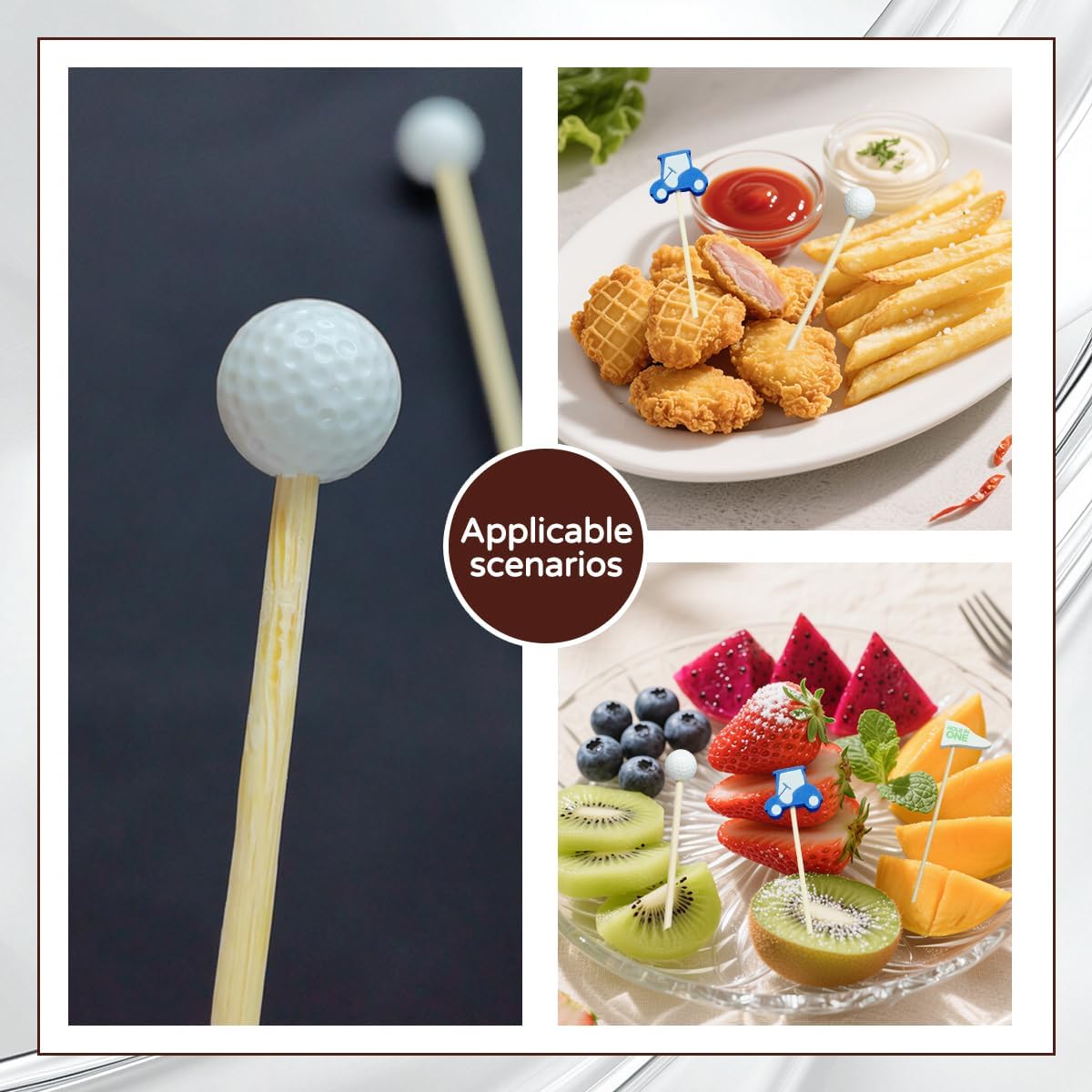 100 Pieces Golf Toothpicks 4.72 Inch Skewers Masters Golf party Decorations Picks Fruit Picks Decorative Toothpicks for Cocktail Sports Party Supplies (golf tooth+cart+flag)