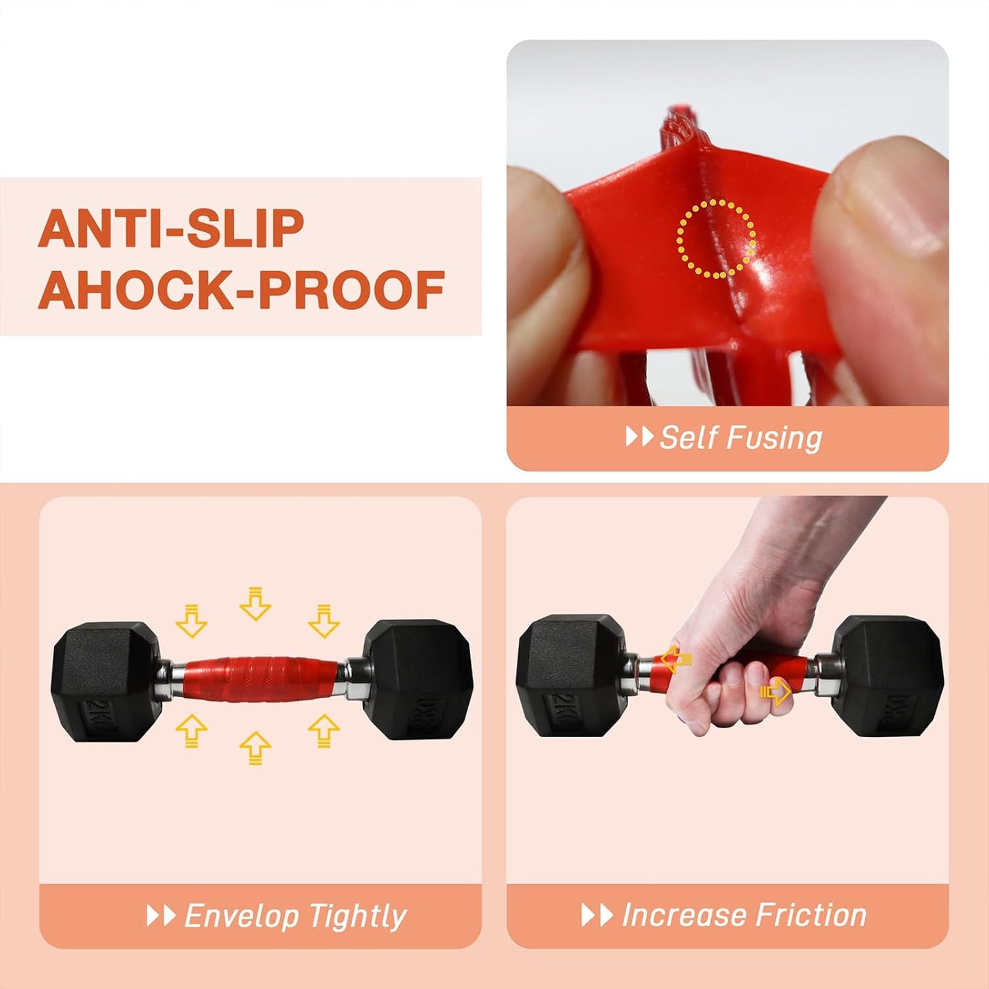 2 Rolls 1IN X 10FT Grip Tape, Self Fusing Silicone Grip Wrap for Handles, No Adhesive, Red