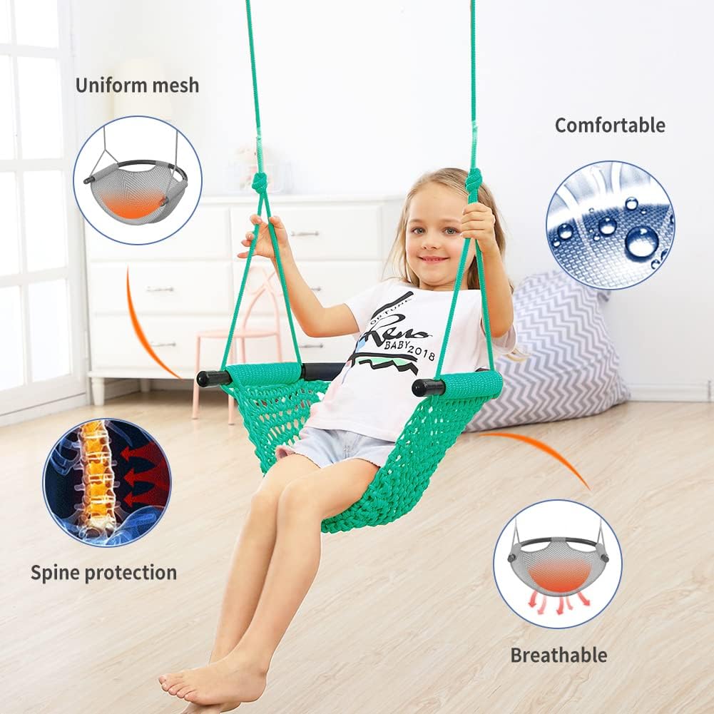 Hand-Knitting Toddler Swing, Swing Seat for Kids with Adjustable Ropes, Little tikes Swings Set, for Outdoor Indoor, Playground, Backyard (Macaron Green)
