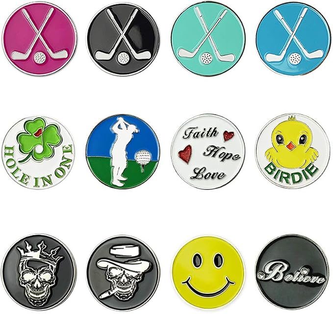 Golf Ball Markers Assorted Patterns Value Pack of 12 Golf Gifts, Golf Cap Clips by GOLTERS