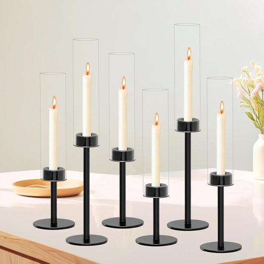 6 Black Candle Holders Set – Modern Candlestick Holders for Dining Room Decor, Candle Stick Holder Set for Weddings, Centerpieces for Tables, Gift for Home Decor, Coffee Table Candle Holder Decor
