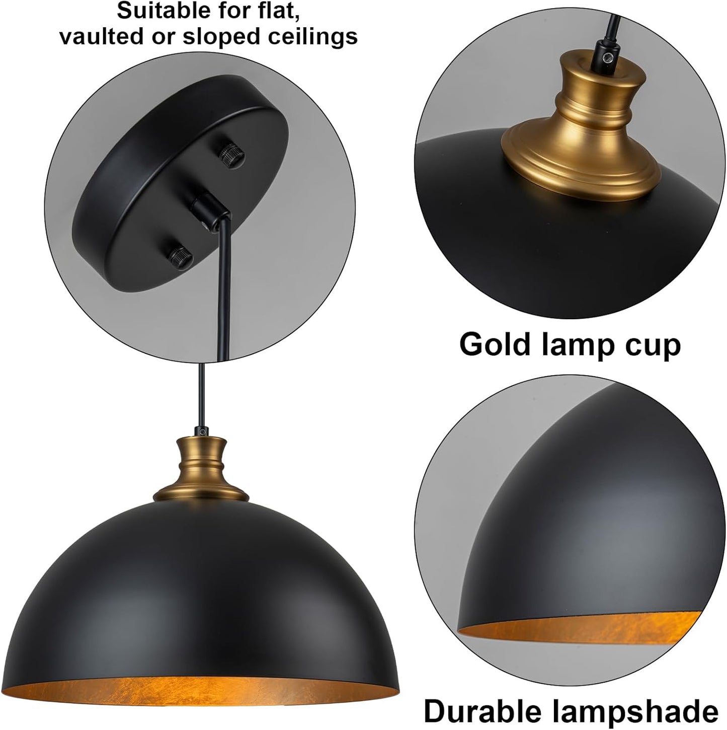 14.96" Black and Gold Pendant Light, Modern Dome Pendant Lights Kitchen Island Industrial Dome Light Fixture Hanging Lighting for Dining Room Living Room Bedroom Hallway Foyer.