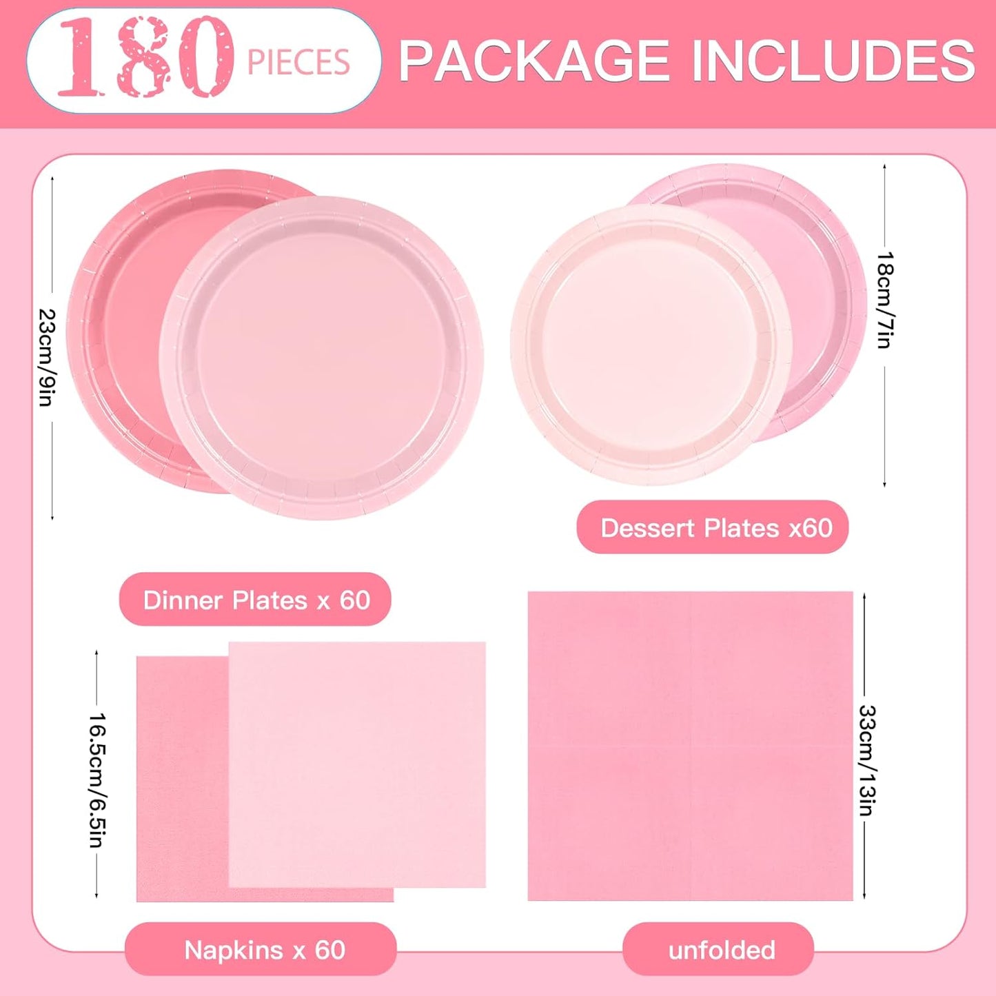 180Pcs Pink Paper Plates Party Supplies Boho Paper Plates and Napkins Serve 60 Disposable Tableware Set for Birthday Party Decorations Game Day Family School Holiday Sports Events