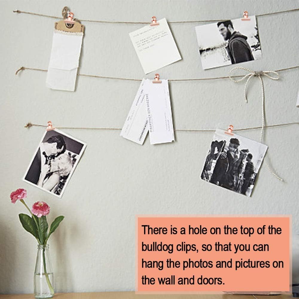 20 Pack Bulldog Clips with Push-pins for Corkboard,Metal Clips for Crafts, Metal Binder Clips for Pictures, Spring Paper Clamps for Office Documents (Rose Gold,1.2inch)