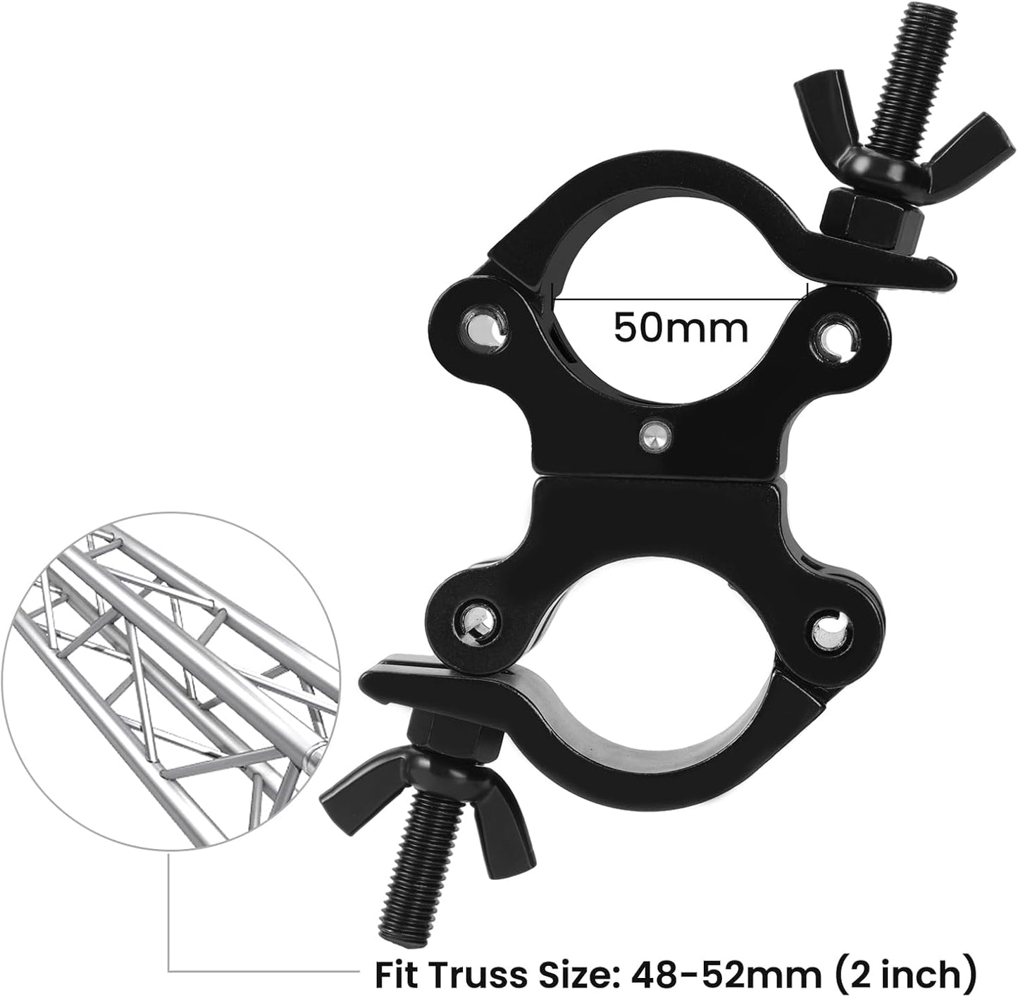 2 Inch Pro-Swivel Truss Clamp Black, 2 Packs Eyeshot 2 Inch Heavy Duty 1100lb Swivel Coupler Truss Clamps, Dual Head Turn As Needed Two 360 Degree Lighting Clamps, Fit Pipe/Truss OD 48-52mm