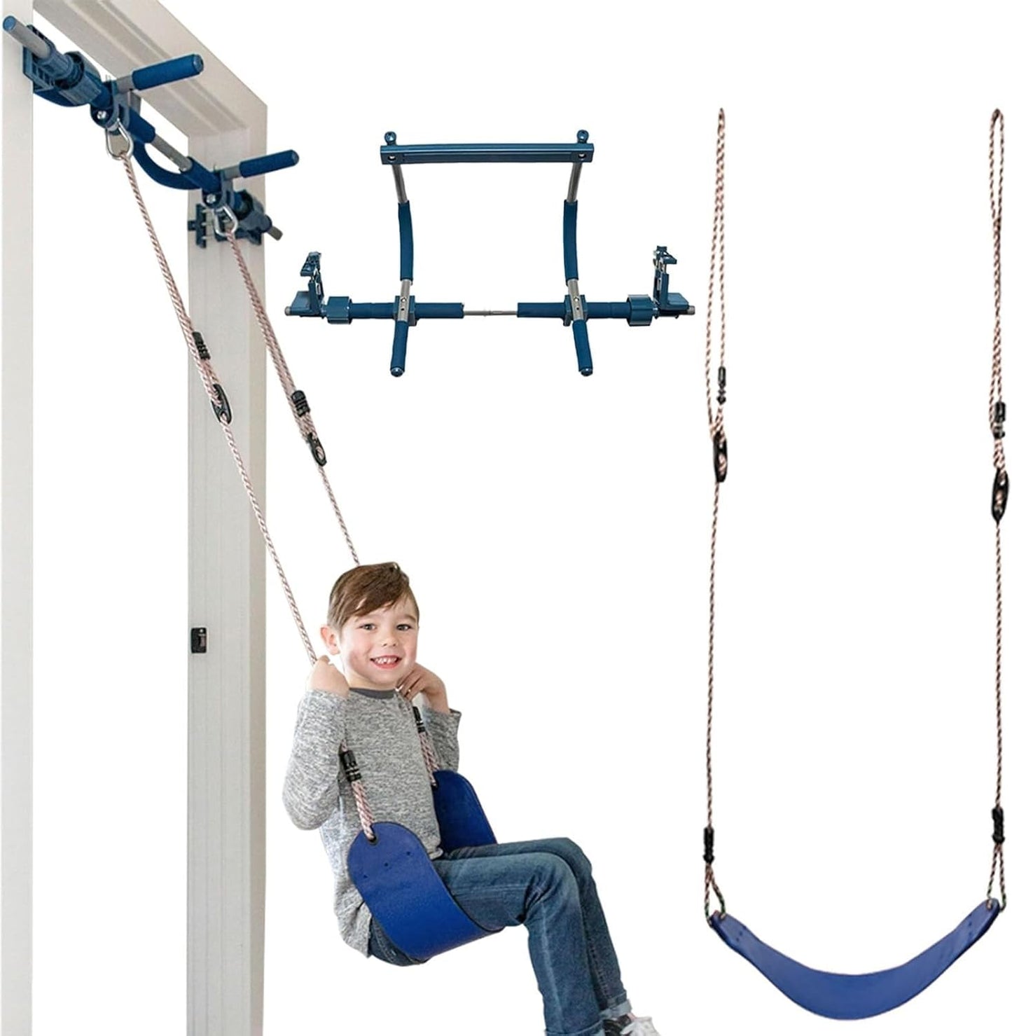 Gym1 Doorway Swing & Pull-Up Bar Gym - Pull-Up Bar Strength Training & Kids Exercise Equipment - Sensory Swing & Rope Ladder Indoor Playset - Indoor Playground for Kids - 2-Piece, Blue