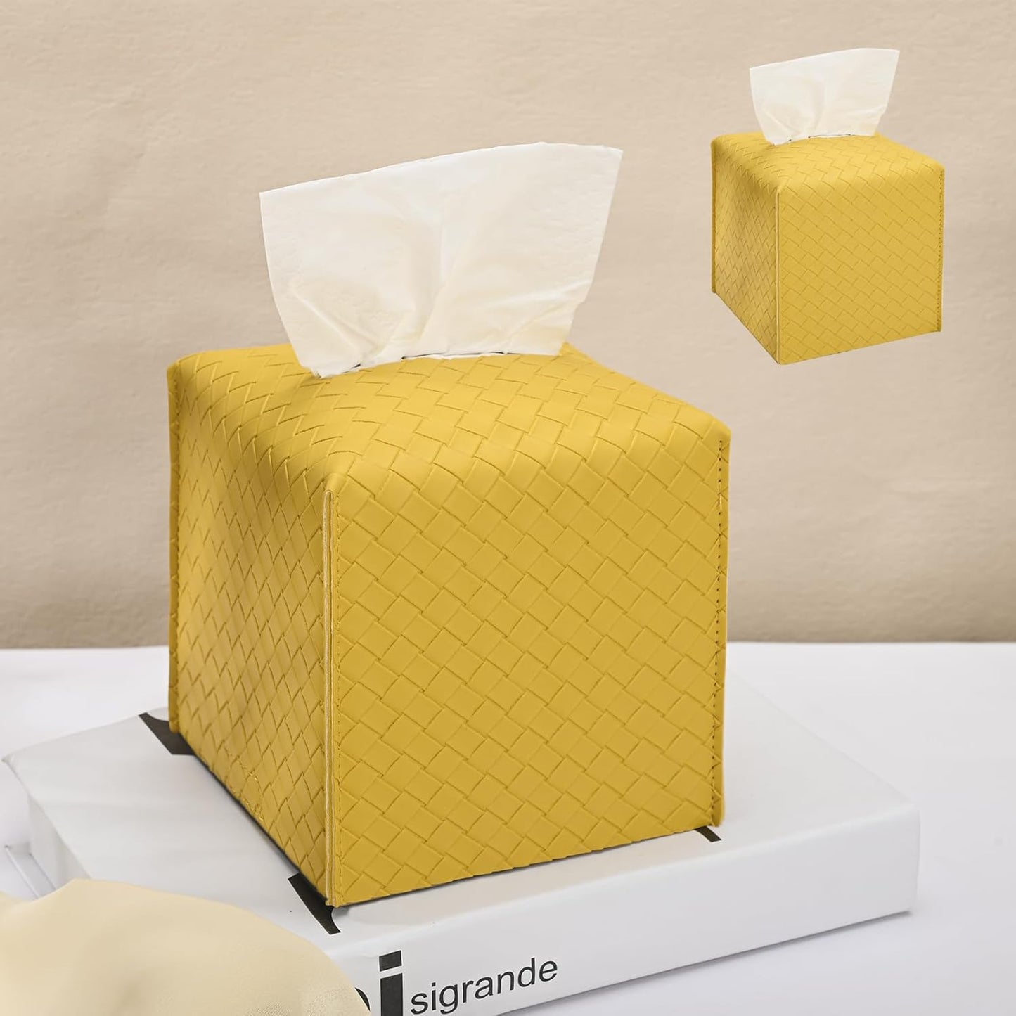 HOMOTEK 2 Pack Tissue Box Cover, Square PU Leather Tissue Holder, Decorative Facial Tissue Cube Paper Organizer Dispenser for Bathroom, Night Stands, Desk, Car 5X5X5'' - Woven Waffle,Mango Yellow