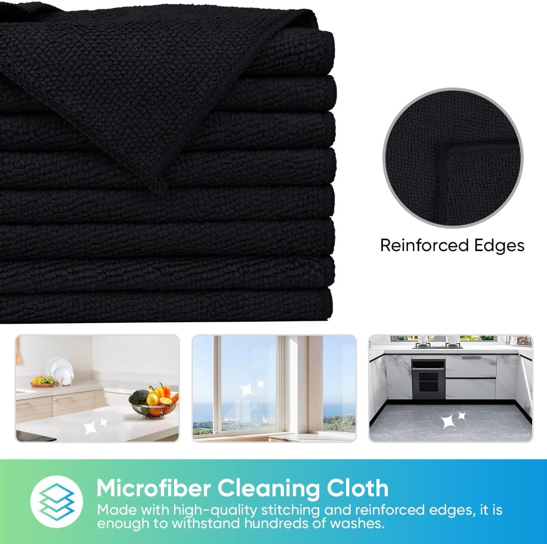 HOMEXCEL Black Microfiber Cleaning Cloth, 24 Pack Cleaning Towels for Kitchen, Lint Free, Scratch-Free, Highly Absorbent, and Reusable Cleaning Rags for House, Window and Glass, Cars, 11.5 X11.5 inch