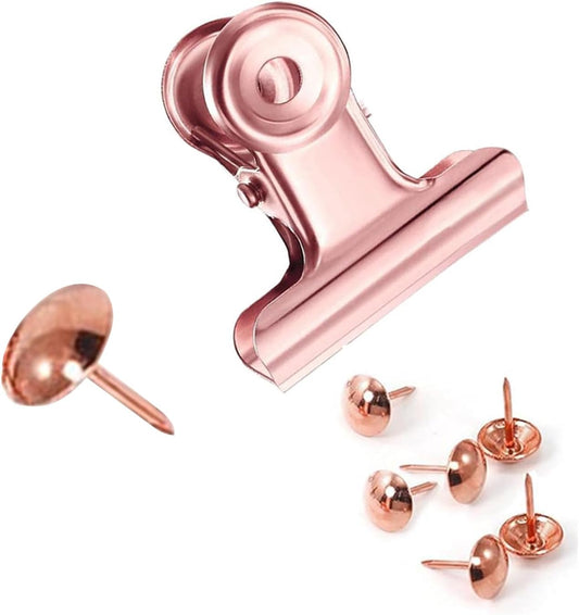 20 Pack Bulldog Clips with Push-pins for Corkboard,Metal Clips for Crafts, Metal Binder Clips for Pictures, Spring Paper Clamps for Office Documents (Rose Gold,1.2inch)