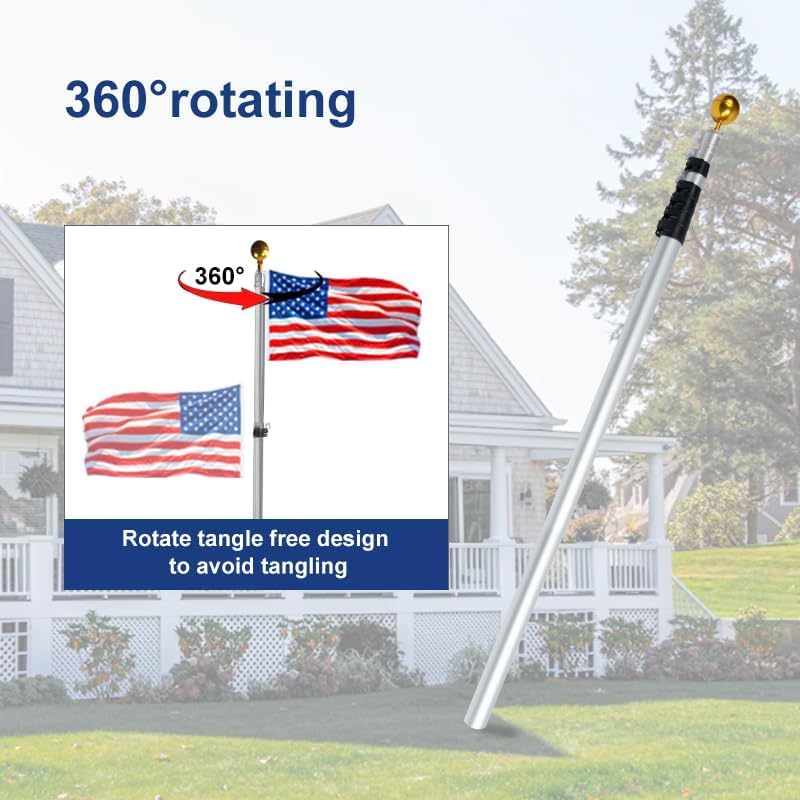 iElyiEsy Telescoping Flag Poles 20ft - Extra Thick Outdoor 16 Gauge Telescopic Flag Pole for Yard House,Residential Commercial,Dock,with Two 3x5 American Flags,Sliver