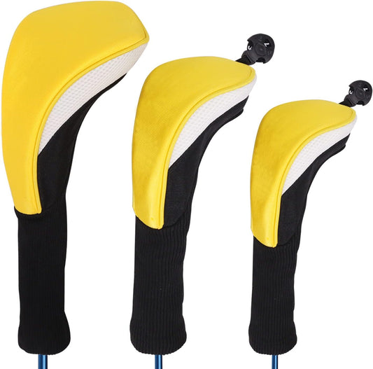 Black Golf Club Head Cover for Driver Fairway 3 Pcs Woods Headcovers, Golf Accessories Hybrid Head Covers Set with Interchangeable Tags 3 4 5 7 X