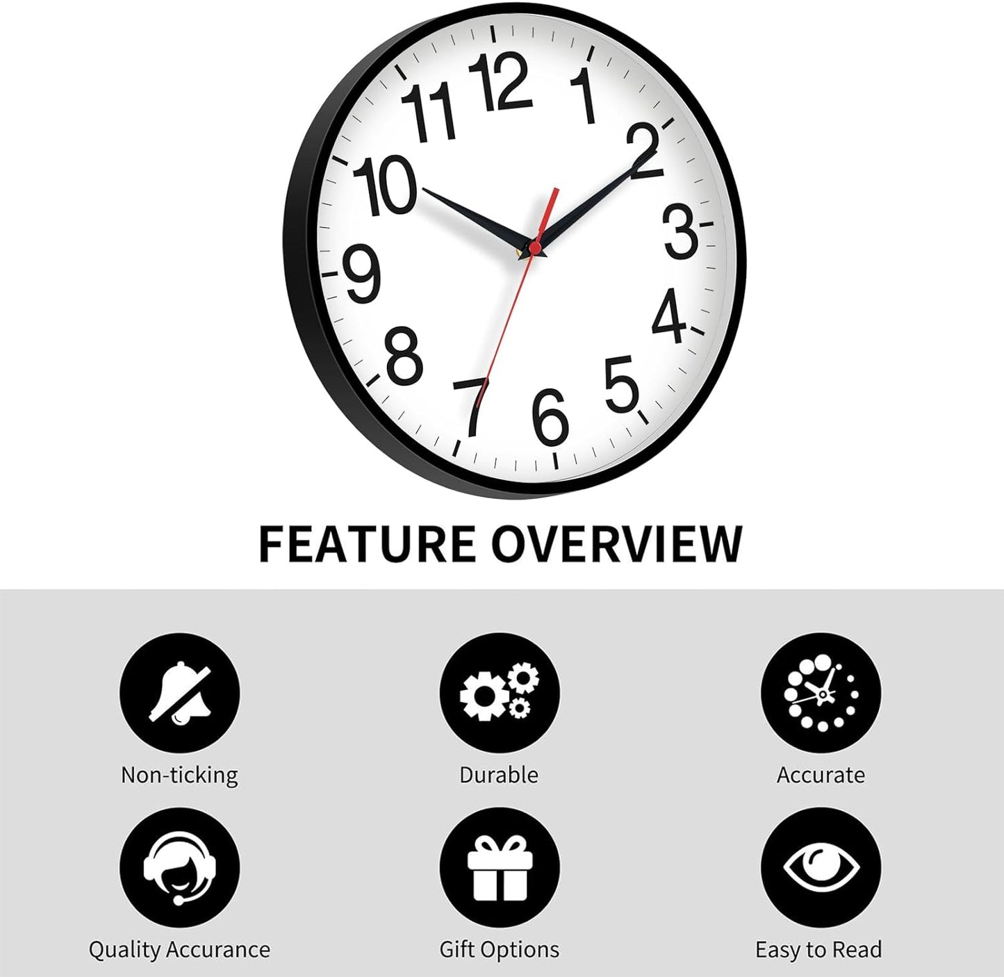 16 Inch Wall Clock Modern Battery Operated Silent Non Ticking Large Analog Clock for Living Room Office Home Bedroom Kitchen Bathroom(Black)