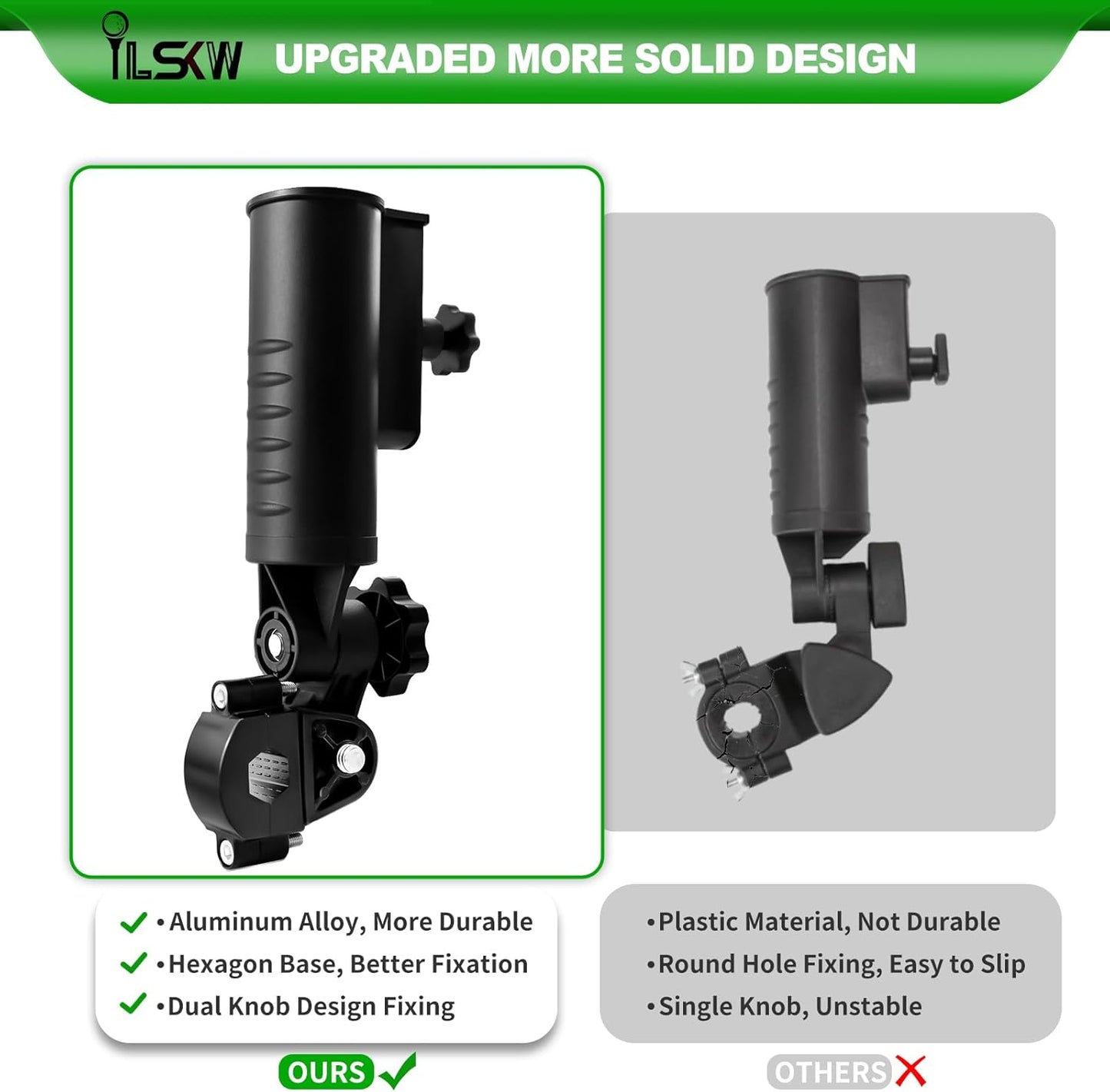 iLSKW Heavy Duty Golf Push Cart Umbrella Holder Upgraded Strong Windproof Design Aluminium Alloy Base with 180 Degrees Adjustment Stroller Umbrella Holder for Mobility Scooter, Wheelchair, Wagon Cart