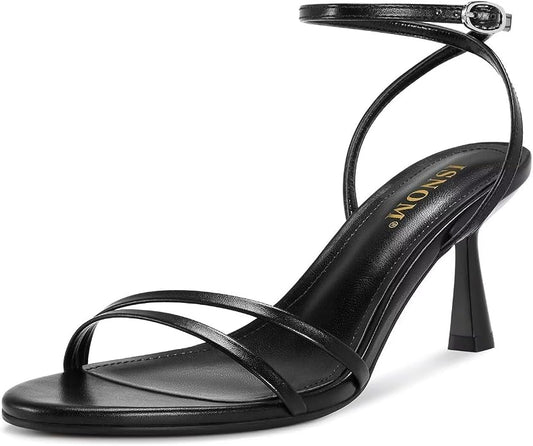 ISNOM Womens Sandals Round Toe Low Heels Strappy Ankle Strap Kitten Heel by ISNOM