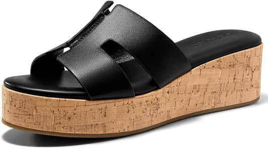 Coutgo Women's Platform Wedge Sandals Open Toe Slip On Slides Cork Heeled by Coutgo
