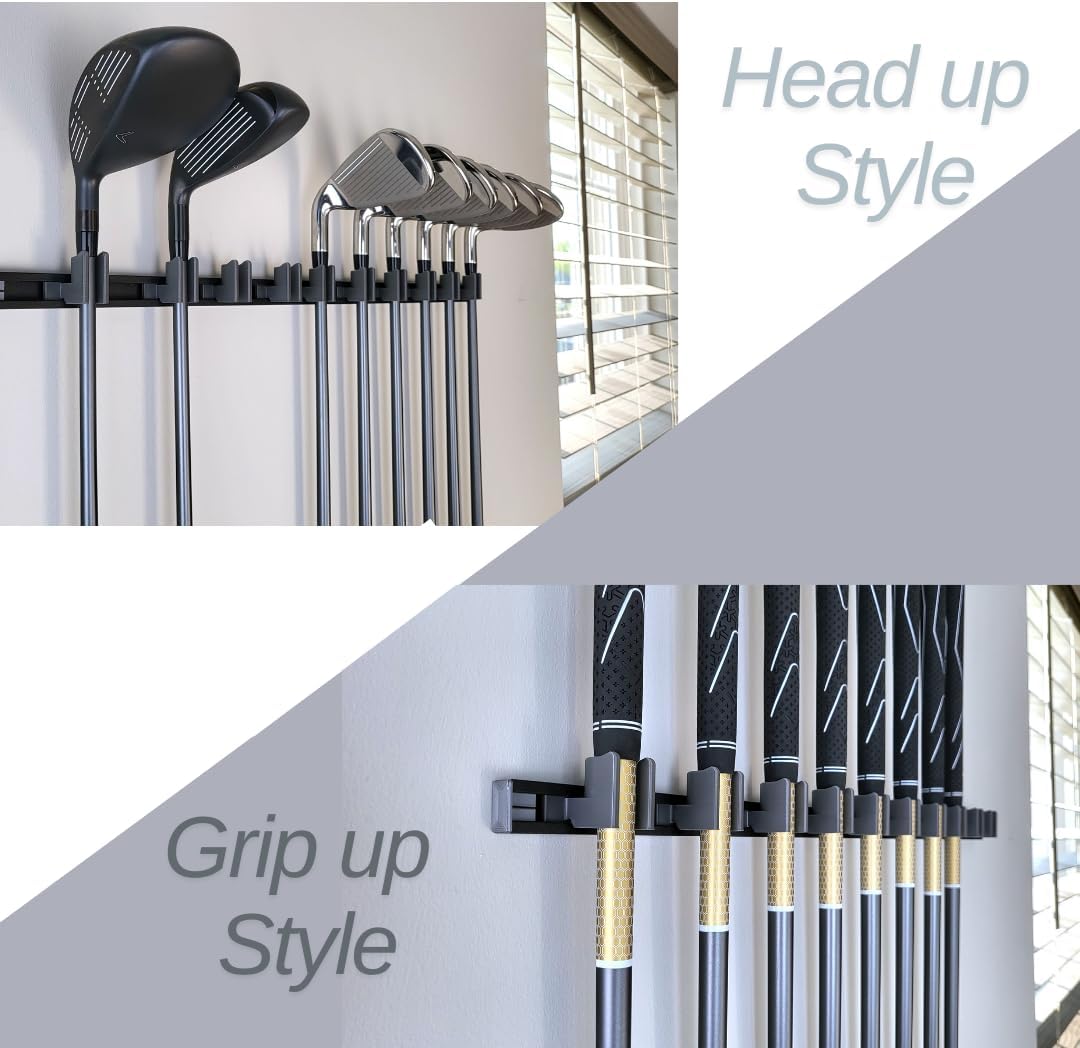10 Golf Club holders on 24" rack, Wall display, Wall hanger, rack, mount, organizer (Club head up)