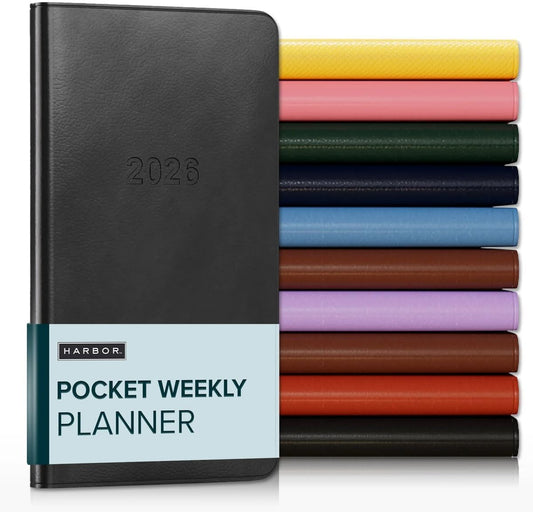 Harbor Pocket Weekly Monthly Planner 2025-2026 - Calendar Planner and Notebook, Durable Faux Leather, 192 Pages, Softcover & Book Bound - Cambridge Black - 6 x 3.25 "