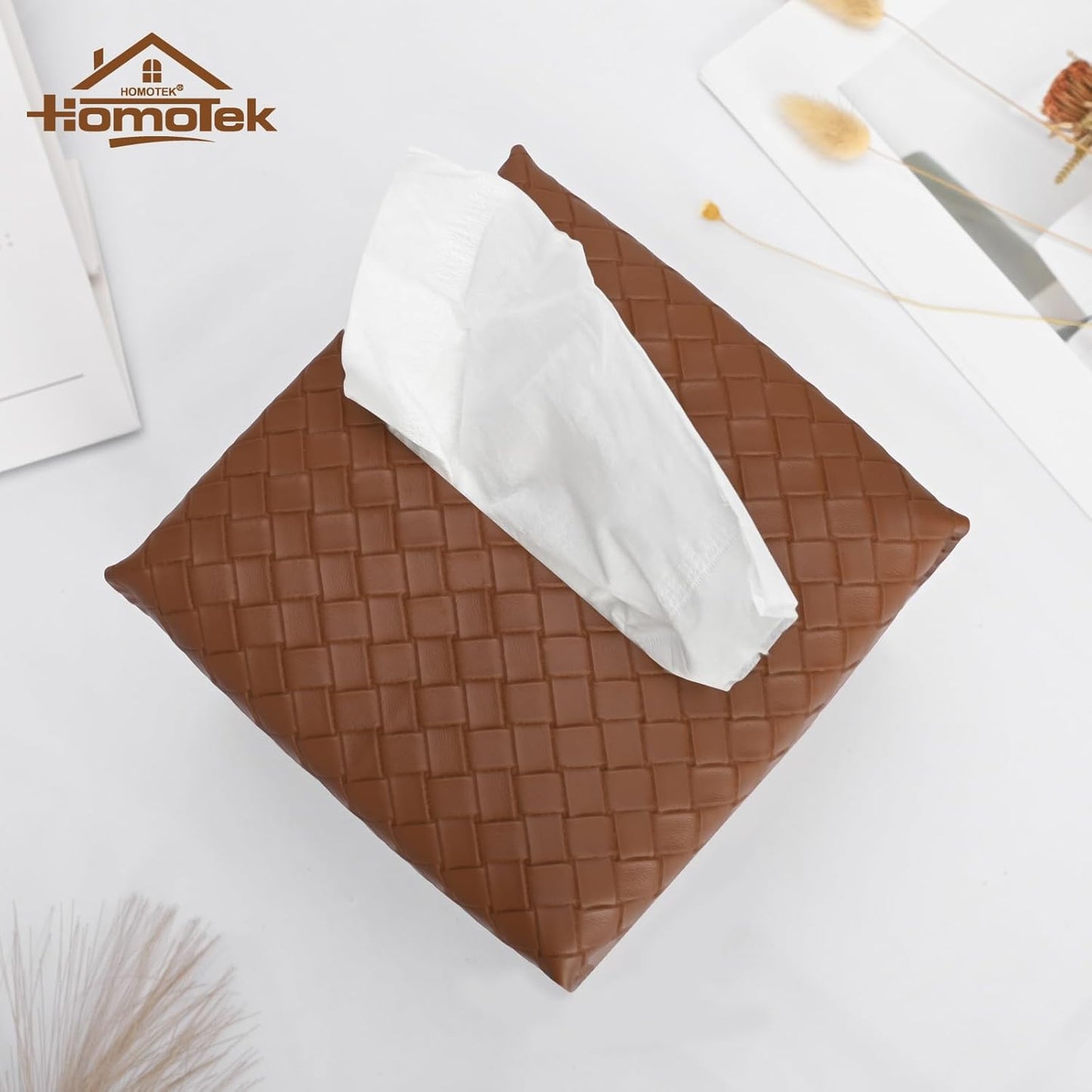 HOMOTEK 2 Pack Tissue Box Cover, Square PU Leather Tissue Holder, Decorative Facial Tissue Cube Paper Organizer Dispenser for Bathroom, Night Stands, Desk, Car 5X5X5'' - Woven Waffle,Chocolate