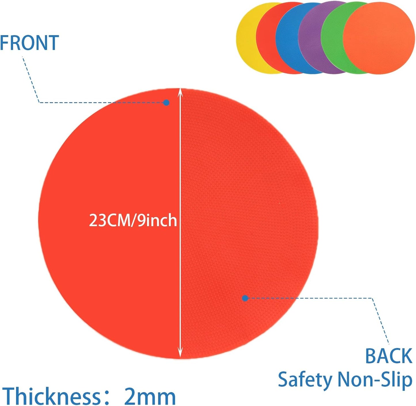 18 PCS 9 Inch Poly Spot Markers Non Slip Flat Field Cones, Spot Floor Dots with Bag, Poly Spots for Gym Floor Exercise Drills, Sports, Games, Speed Agility Training (6 Colors)