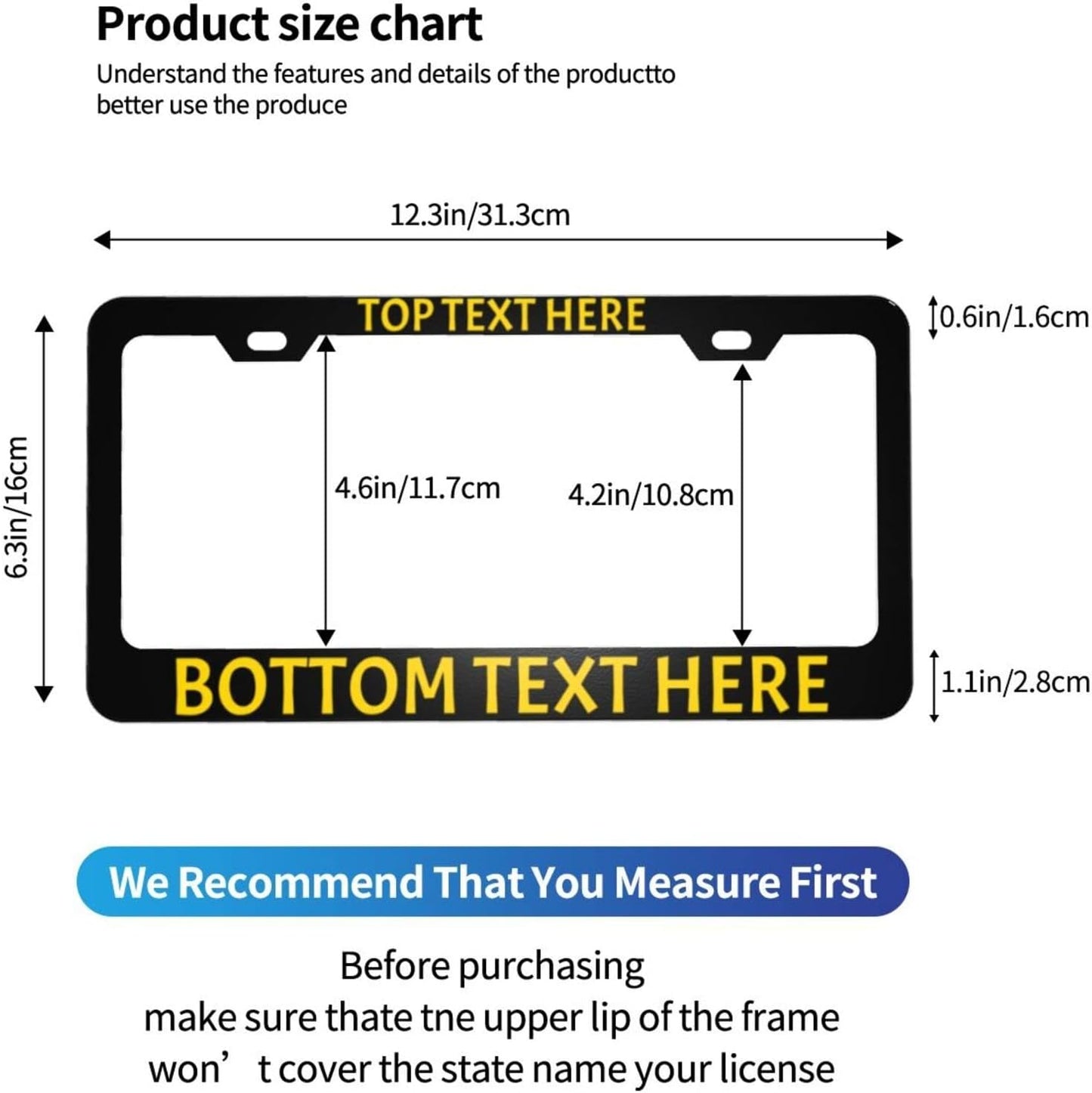 2 Pack Custom Personalized License Plate Frame Customized Car Tag Frames for Women Men with Screw Caps,12"x6",2 Holes