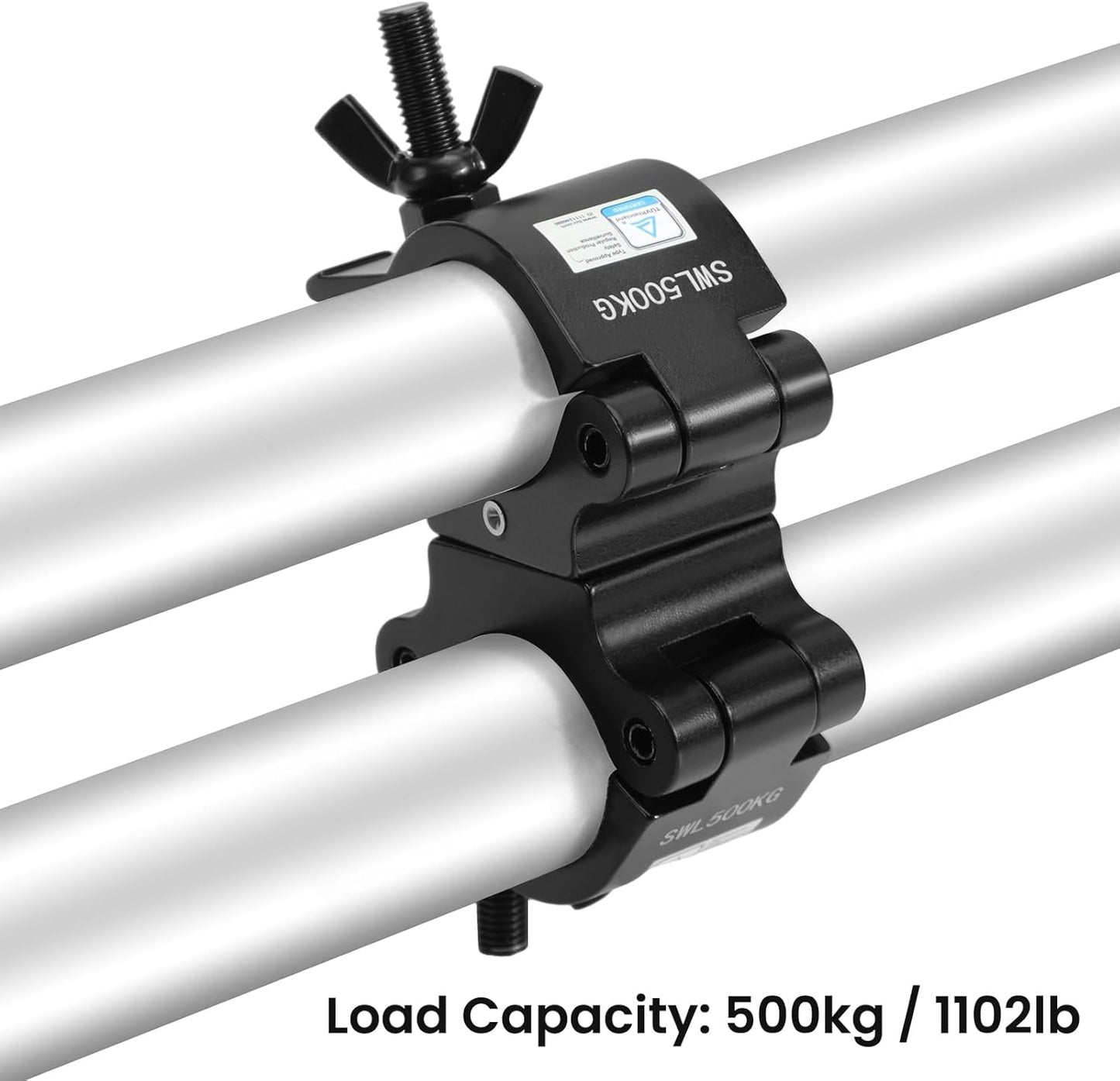 2 Inch Pro-Swivel Truss Clamp Black, 2 Packs Eyeshot 2 Inch Heavy Duty 1100lb Swivel Coupler Truss Clamps, Dual Head Turn As Needed Two 360 Degree Lighting Clamps, Fit Pipe/Truss OD 48-52mm