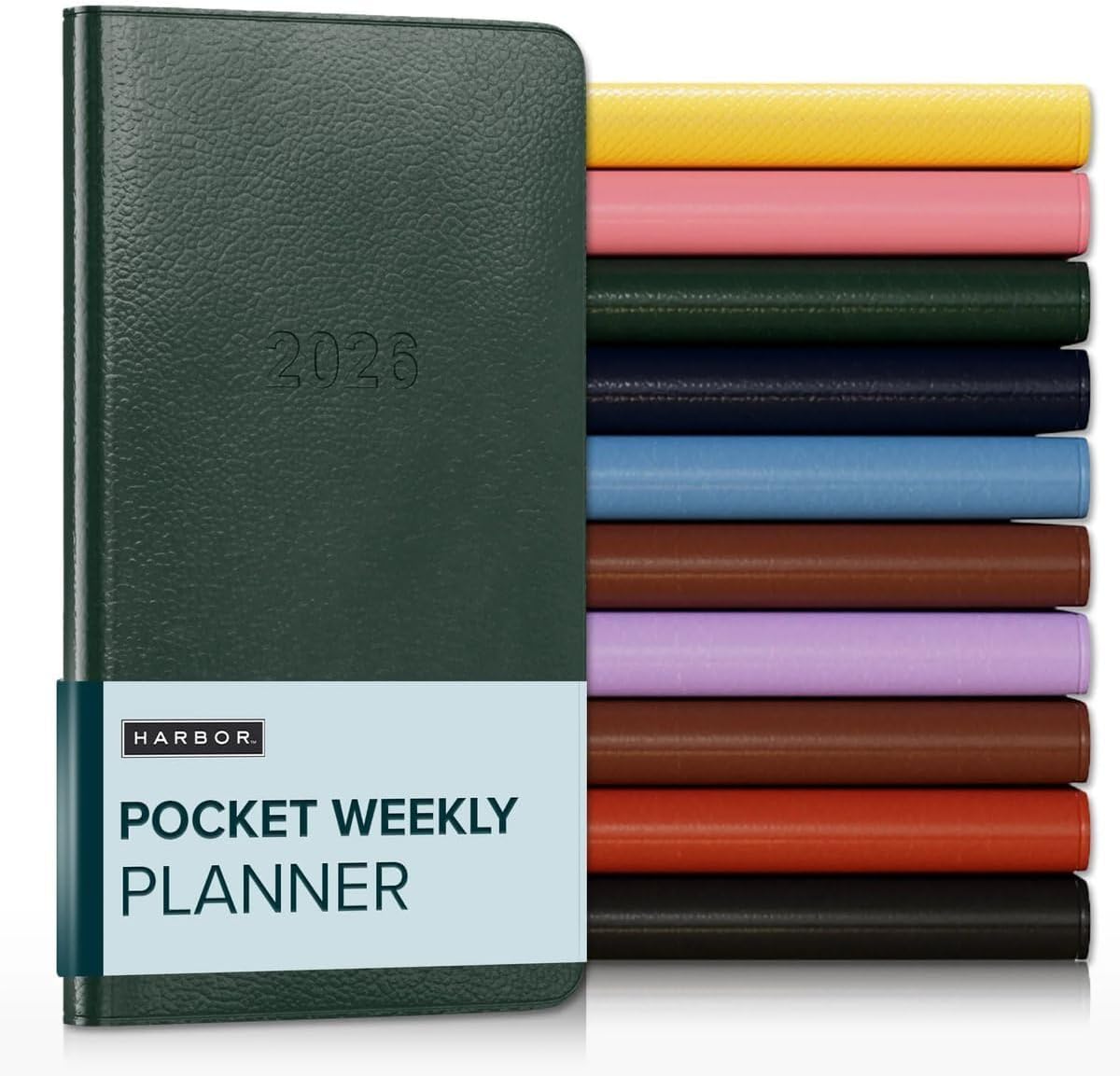 Harbor Pocket Weekly Monthly Planner 2025-2026 - Calendar Planner and Notebook, Durable Faux Leather, 192 Pages, Softcover & Book Bound - Leida Pine - 6 x 3.25 "