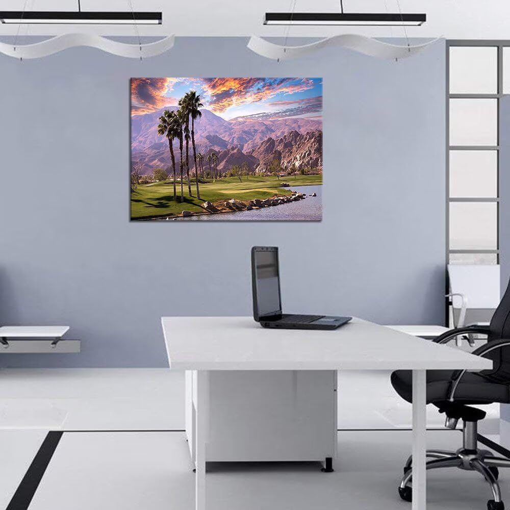 HJY Art USA California Golf Course Wall Art Golf Course Canvas Wall Decor Sunset Landscape Painting Poster for Home Decor Living Room Bedroom Office Club Gym Framed Artwork (18 x 24 inch)