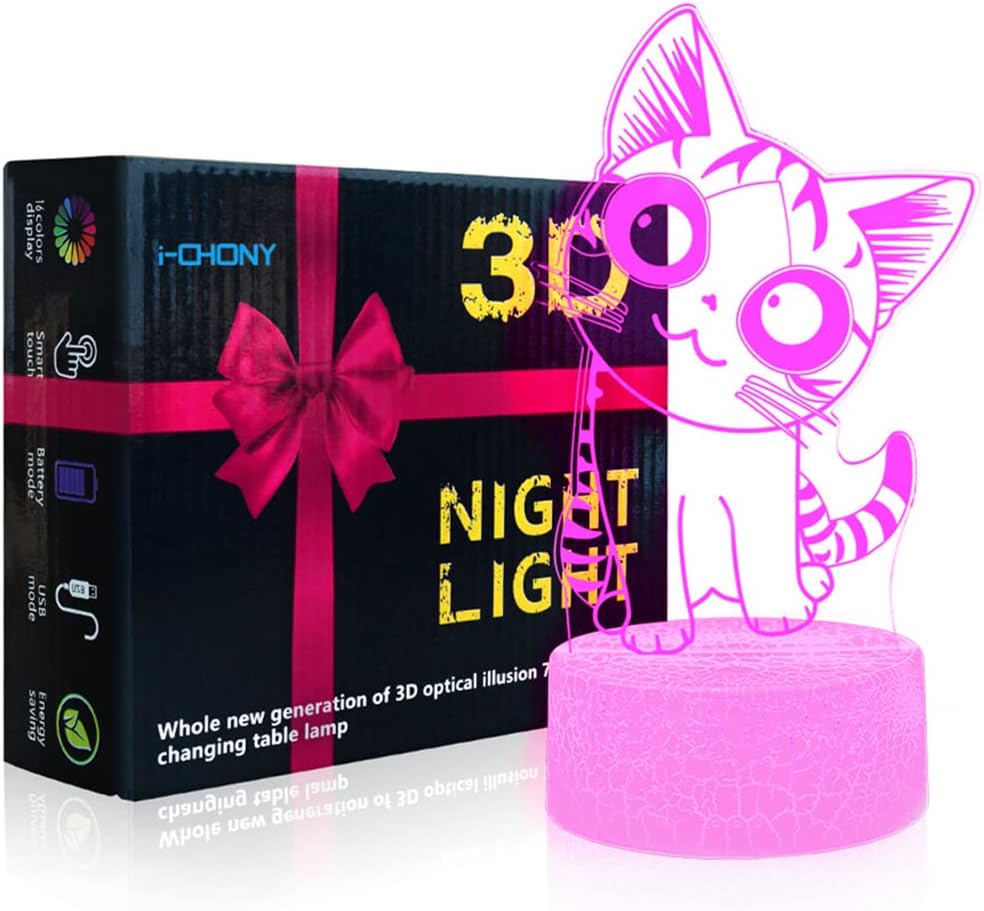 i-CHONY Cat Night Light for Girls,3D Optical Illusion Lamp 16 Colors Dimmable Led Light with Remote & Luminous Base,Cat Gifts for Women Teens Boys Girls Kids Christmas Gifts