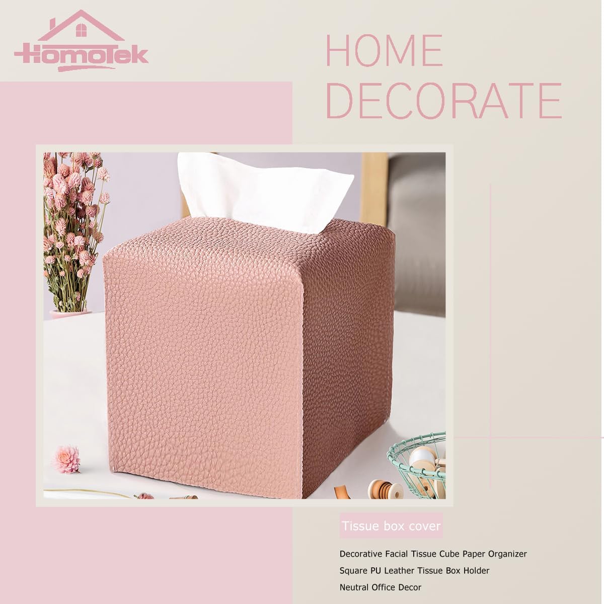 HOMOTEK 2 Pack Tissue Box Cover, Square PU Leather Tissue Holder, Decorative Facial Tissue Cube Paper Organizer Dispenser for Bathroom, Night Stands, Desk, Car 5X5X5'' - Dusty Rose, Pebble Grain